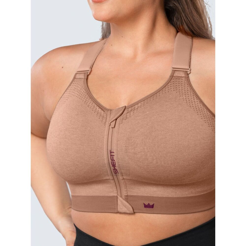 SHEFIT Luxe High Impact Zip Front Adjustable Sports Bra Tan